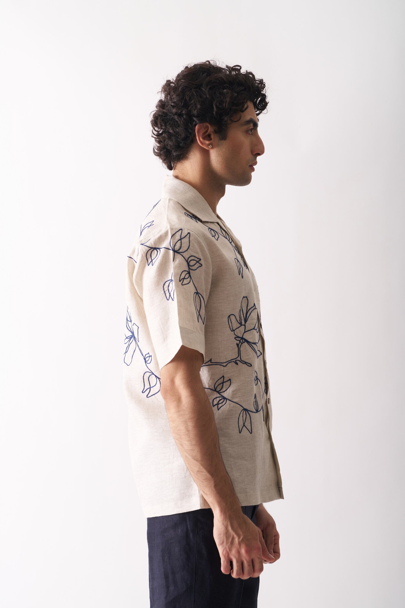 Mens Hand Embroidered Pure Linen Shirt - Floral Serenade - CiceroniShirtCultura Studio