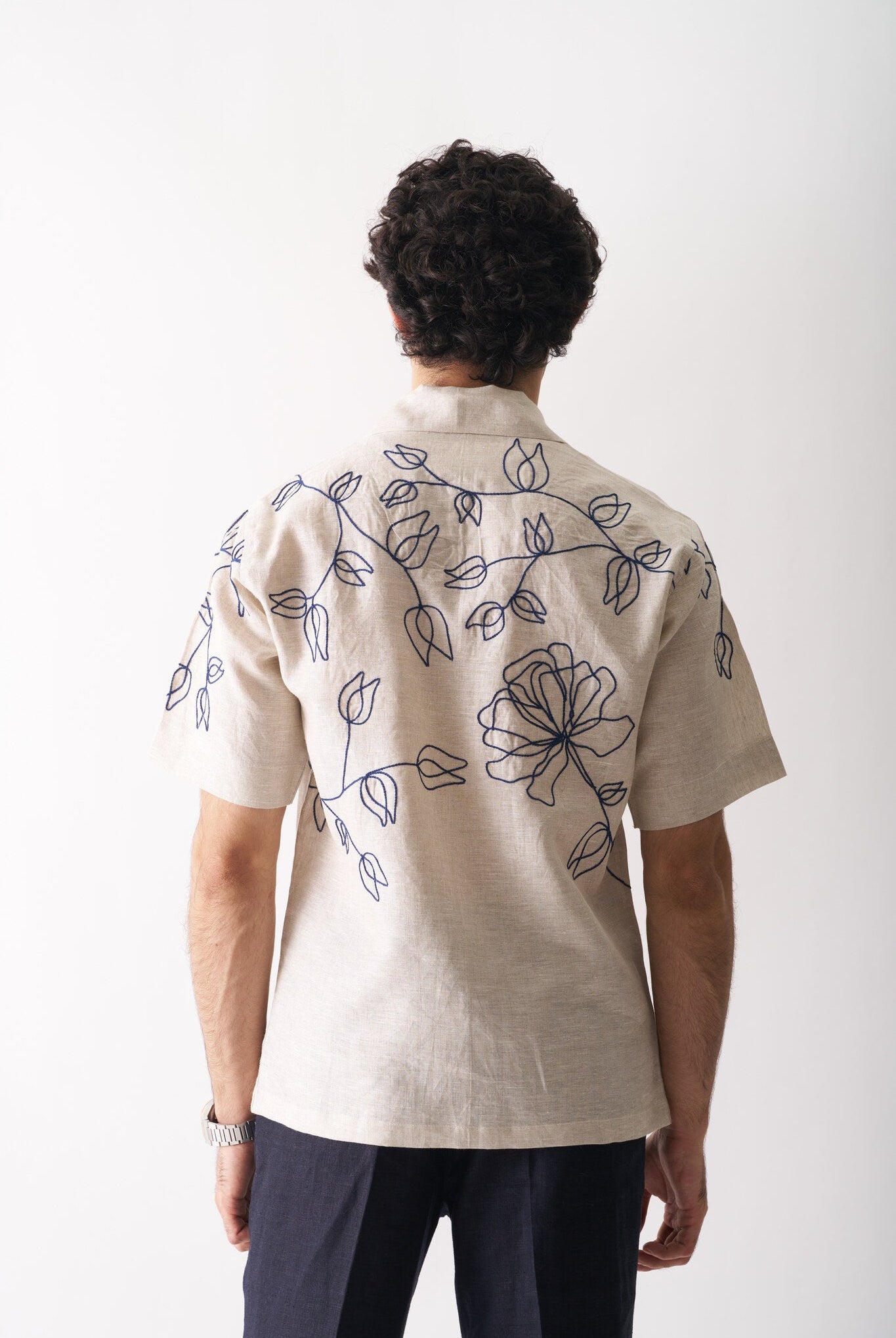Mens Hand Embroidered Pure Linen Shirt - Floral Serenade - CiceroniShirtCultura Studio
