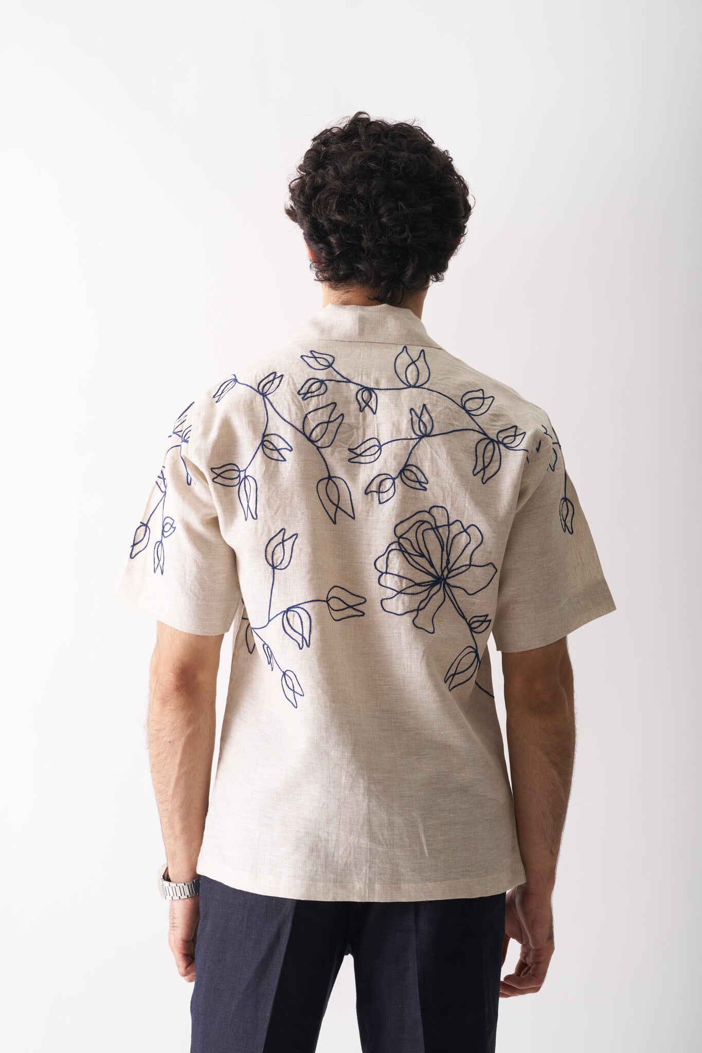 Mens Hand Embroidered Pure Linen Shirt - Floral Serenade - CiceroniShirtCultura Studio