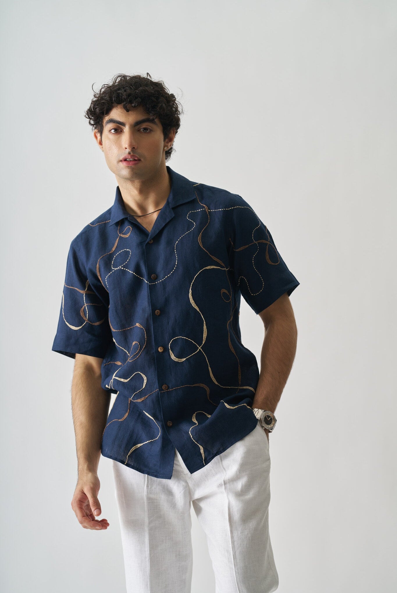 Mens Hand Embroidered Pure Linen Shirt - Imperial Accent - CiceroniShirtCultura Studio