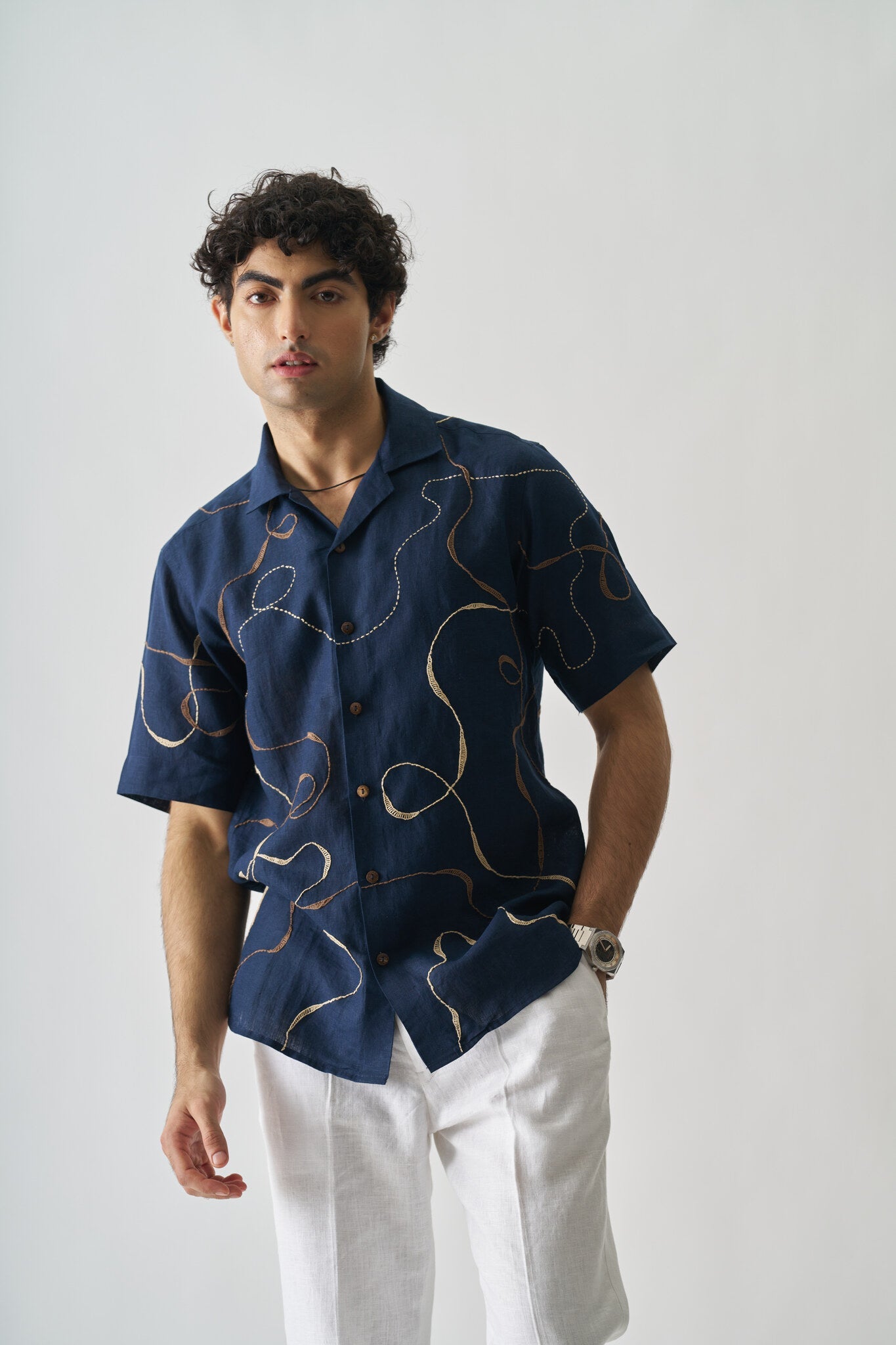 Mens Hand Embroidered Pure Linen Shirt - Imperial Accent - CiceroniShirtCultura Studio