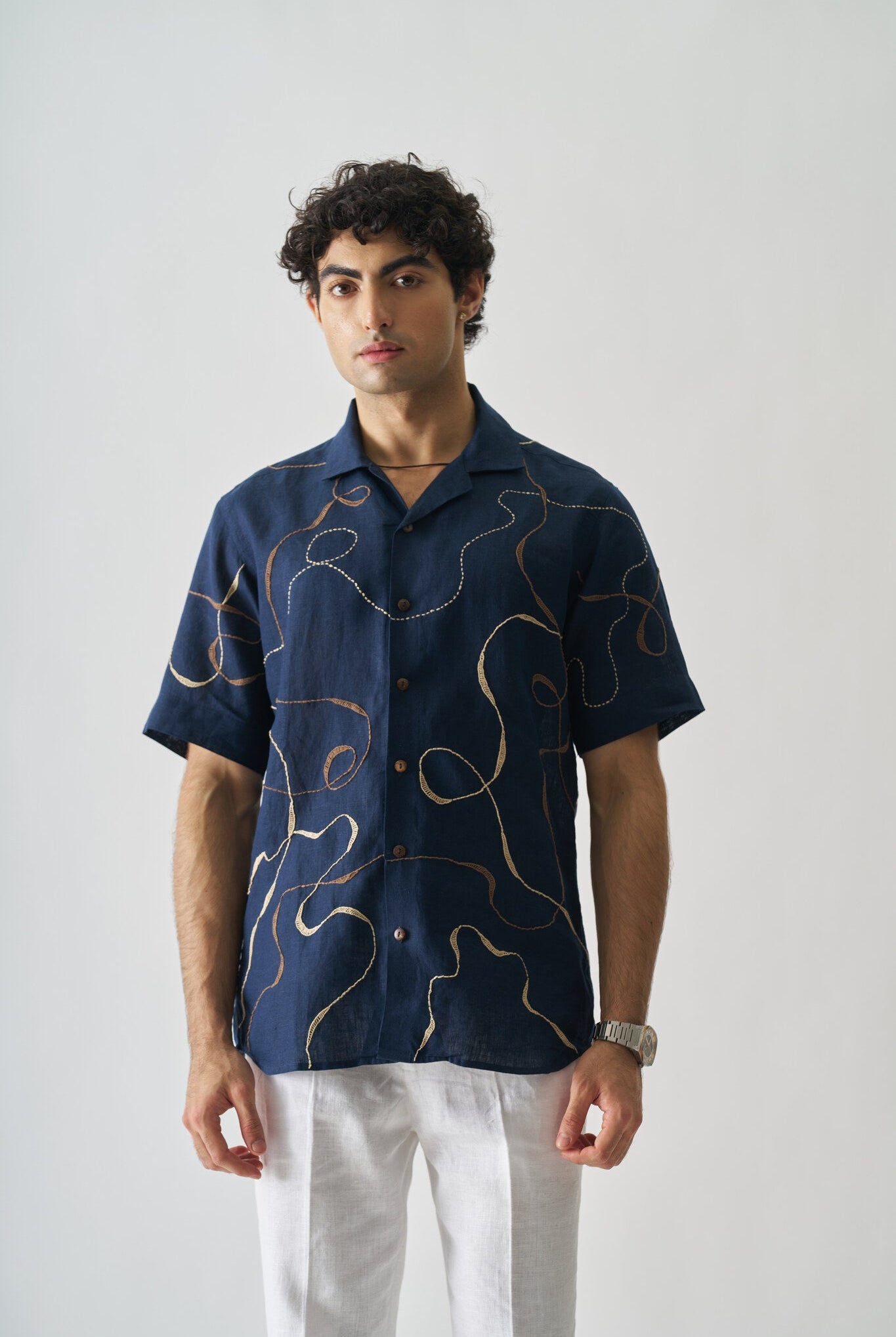 Mens Hand Embroidered Pure Linen Shirt - Imperial Accent - CiceroniShirtCultura Studio