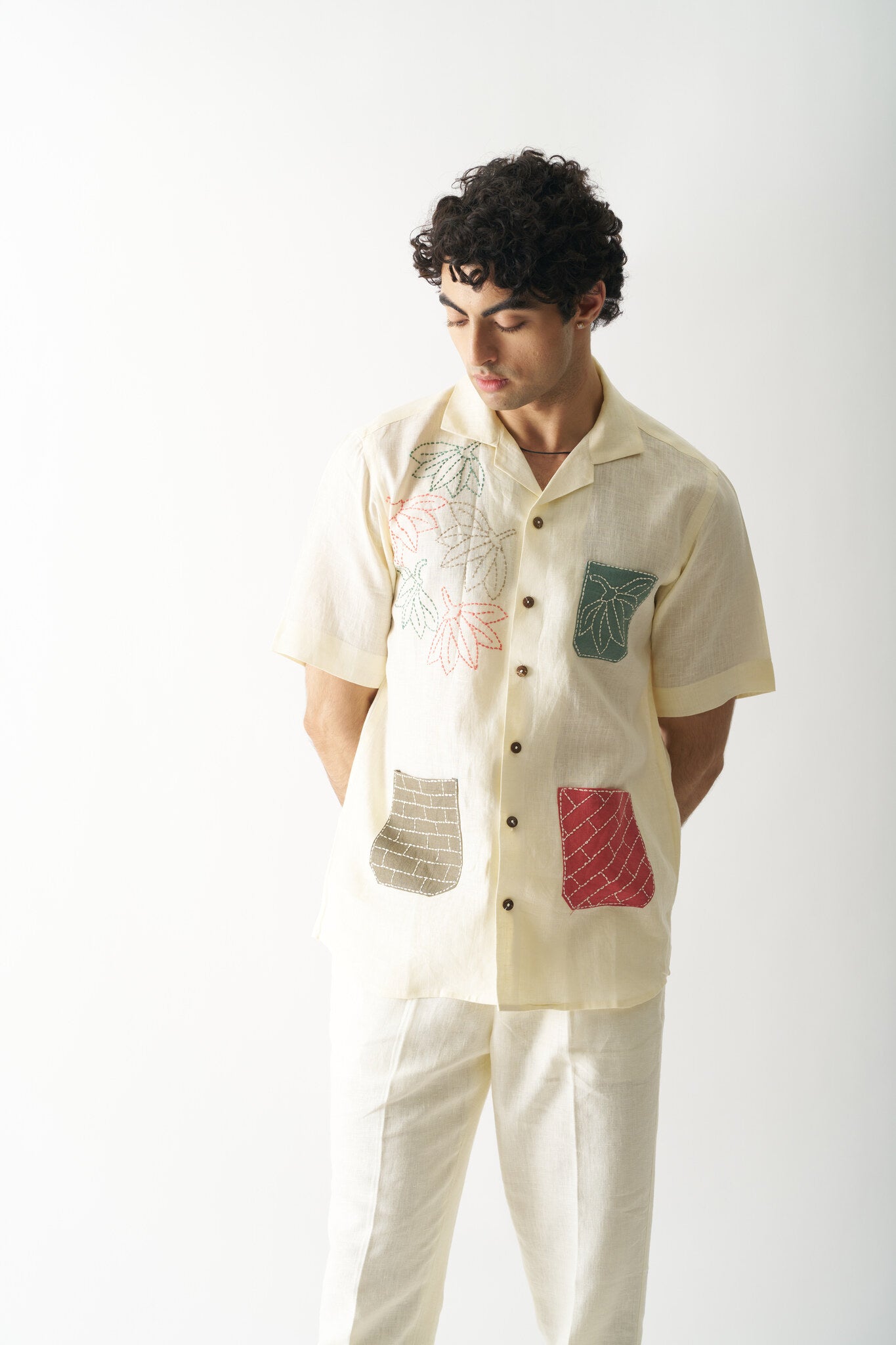 Mens Hand Embroidered Pure Linen Shirt - Pocket Fusion - CiceroniShirtCultura Studio