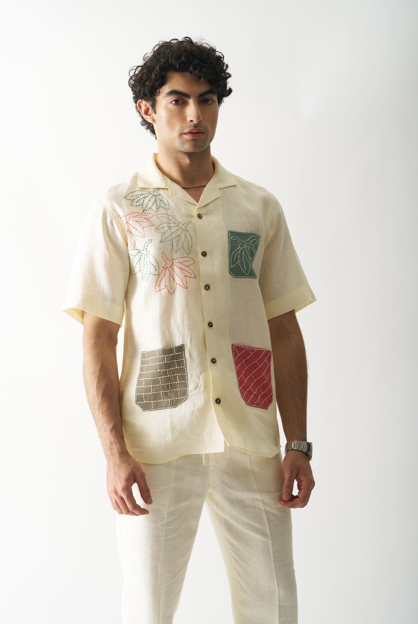 Mens Hand Embroidered Pure Linen Shirt - Pocket Fusion - CiceroniShirtCultura Studio