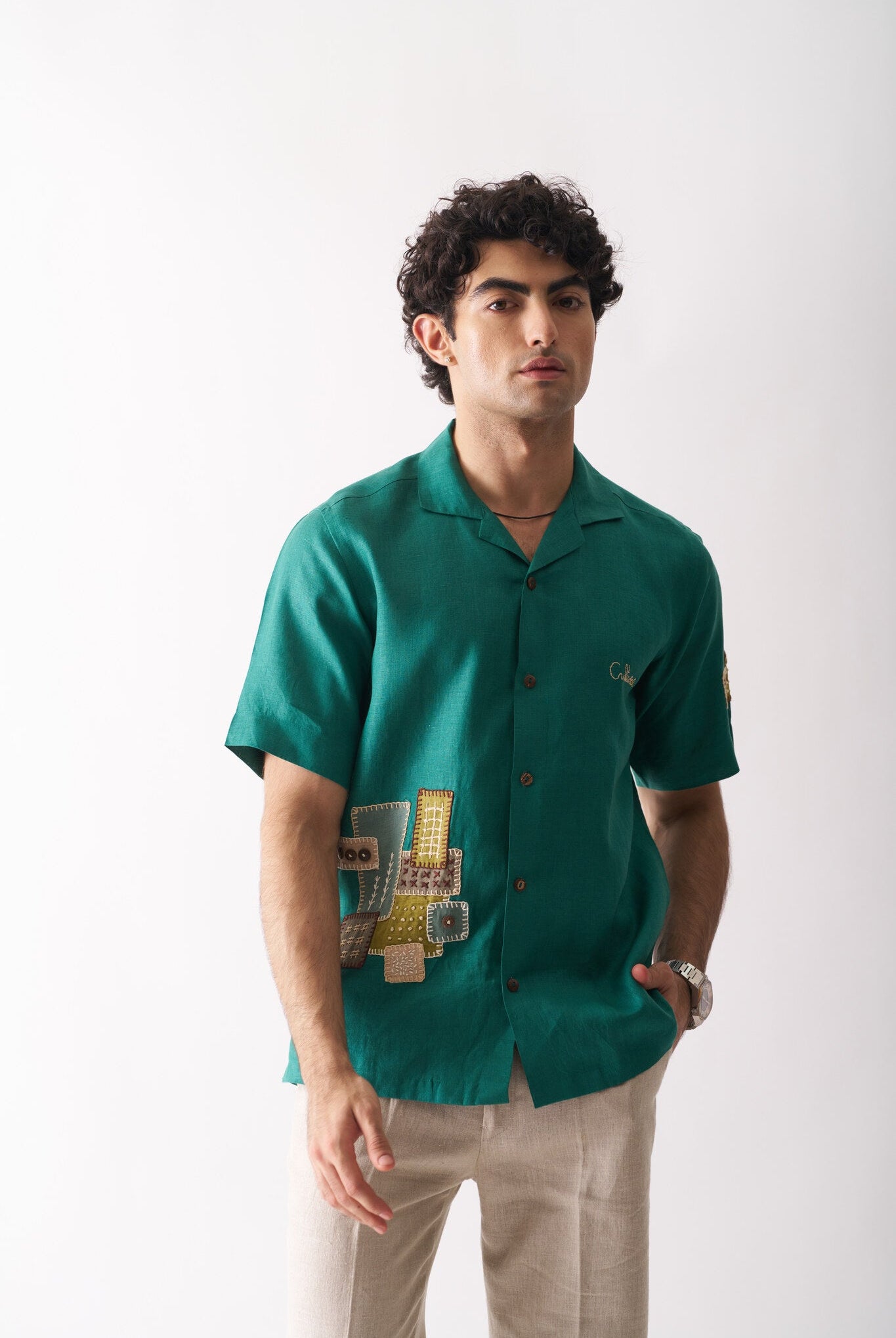 Mens Hand Embroidered Pure Linen Shirt - That Green Applique Shirt - CiceroniShirtCultura Studio