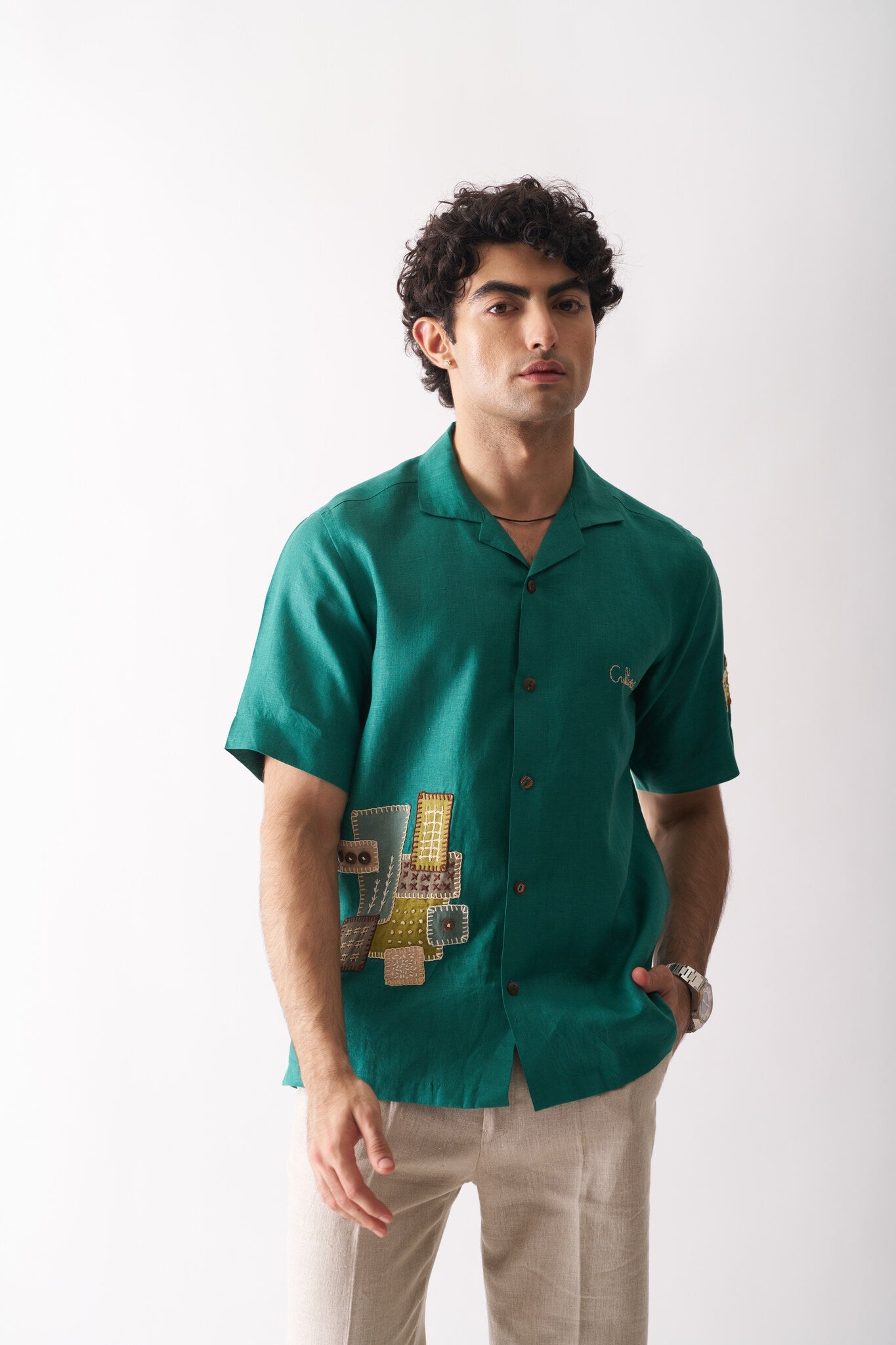Mens Hand Embroidered Pure Linen Shirt - That Green Applique Shirt - CiceroniShirtCultura Studio