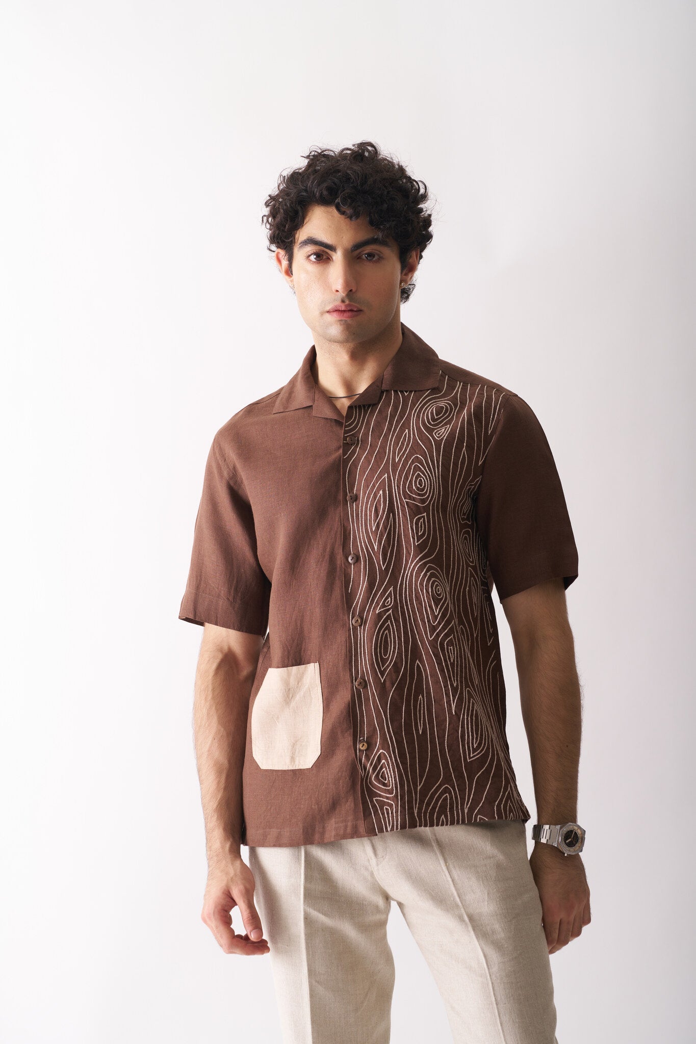 Mens Hand Embroidered Pure Linen Shirt - Woodland Breeze - CiceroniShirtCultura Studio