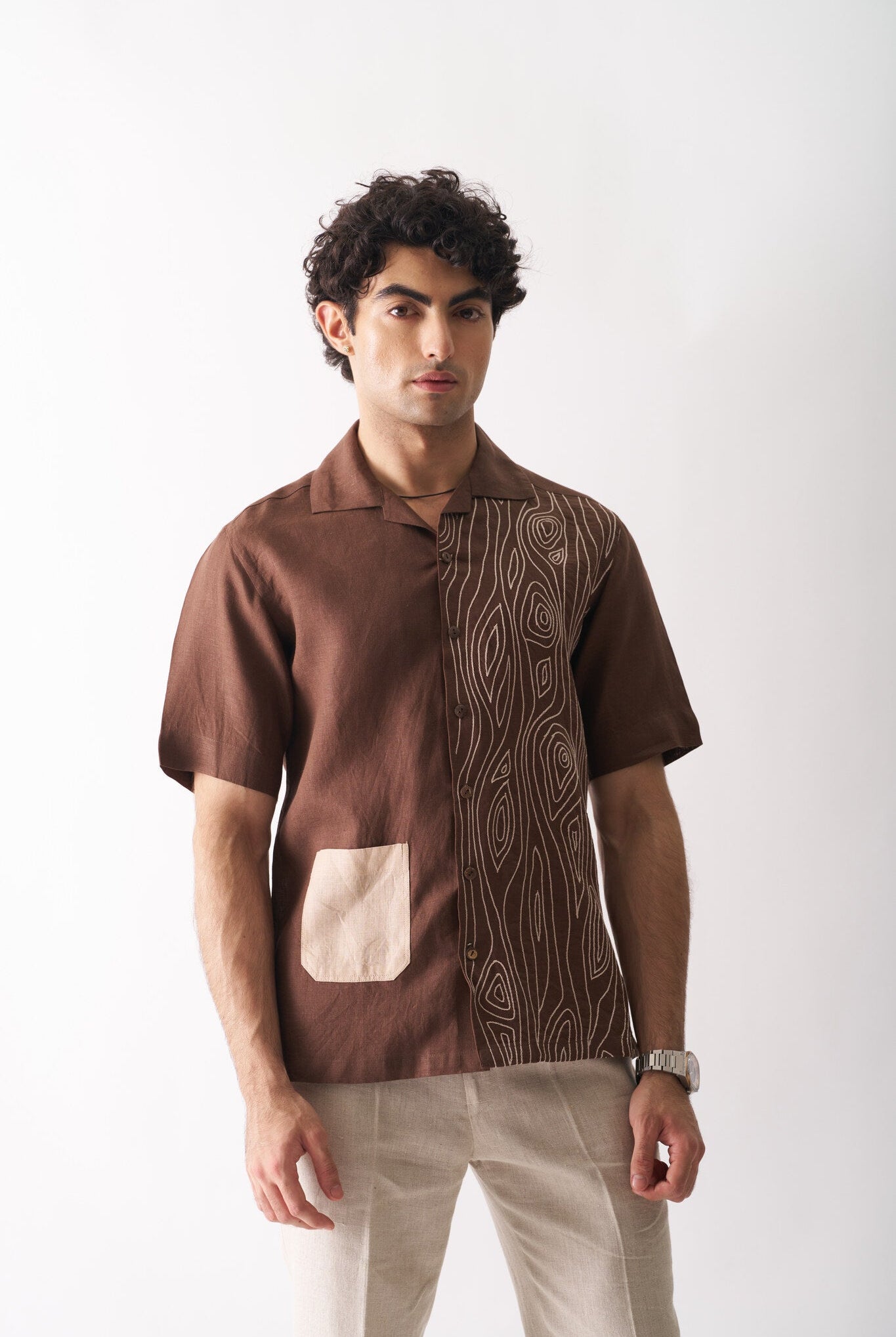 Mens Hand Embroidered Pure Linen Shirt - Woodland Breeze - CiceroniShirtCultura Studio