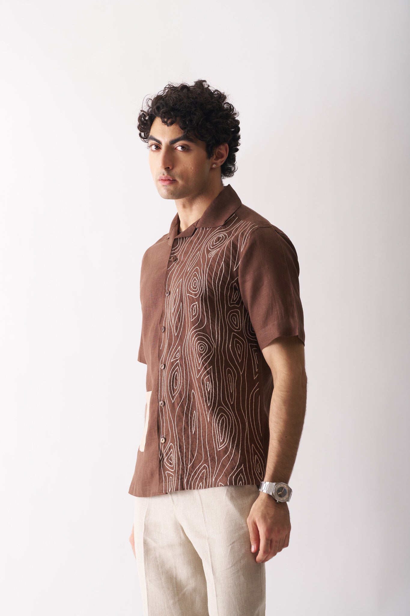 Mens Hand Embroidered Pure Linen Shirt - Woodland Breeze - CiceroniShirtCultura Studio