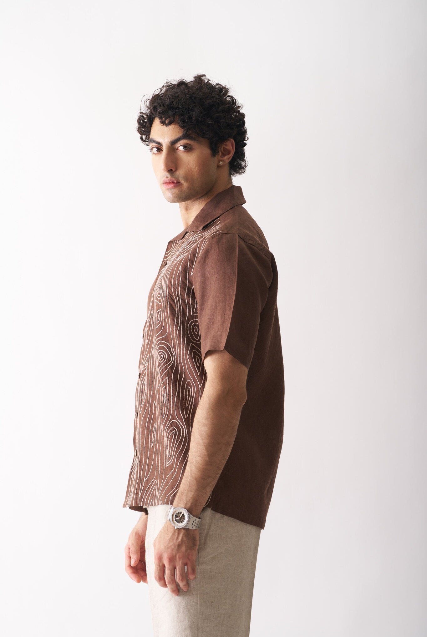 Mens Hand Embroidered Pure Linen Shirt - Woodland Breeze - CiceroniShirtCultura Studio