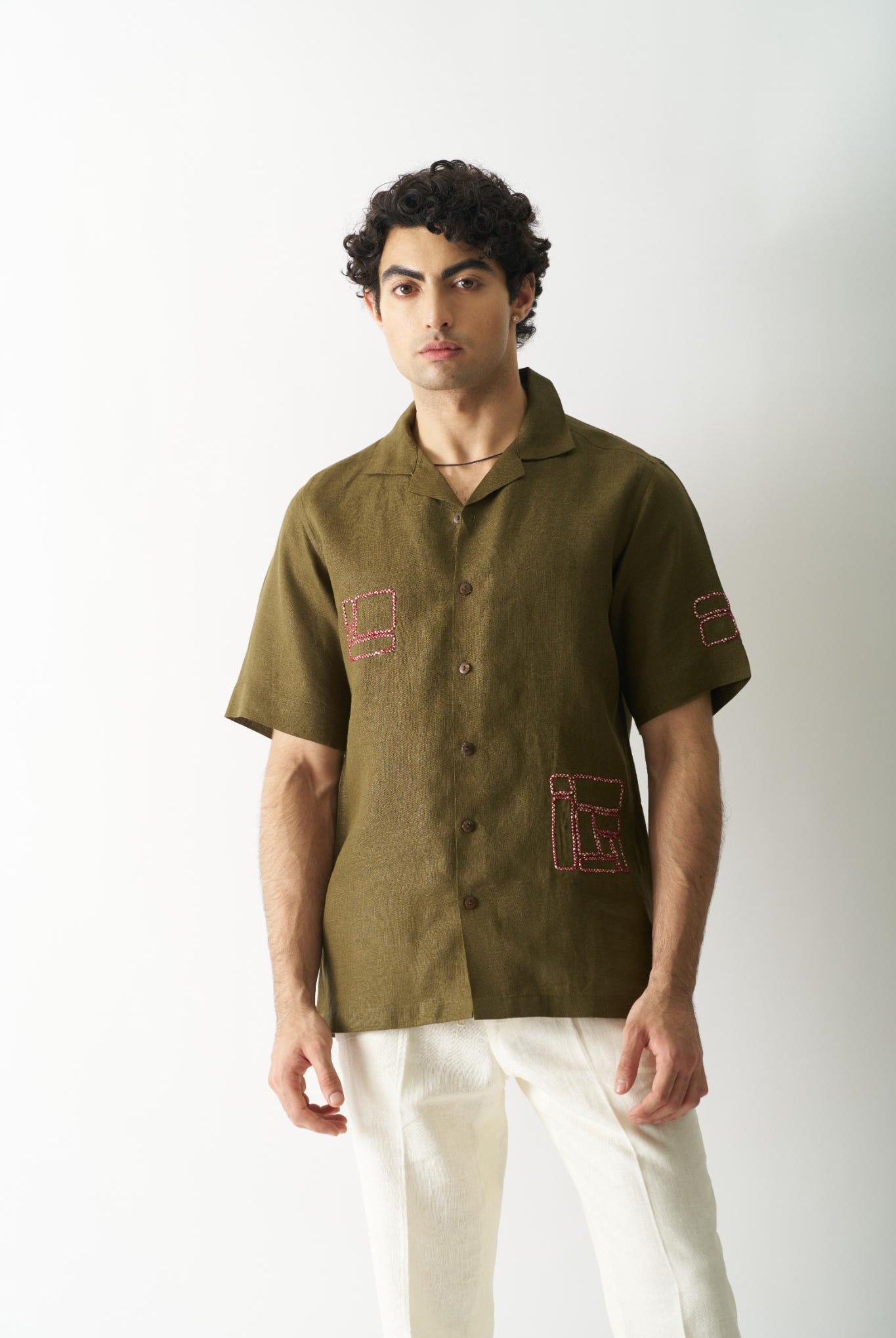 Mossy Mosaic - Mens Hand Embroidered Pure Linen Shirt - CiceroniShirtsCultura Studio