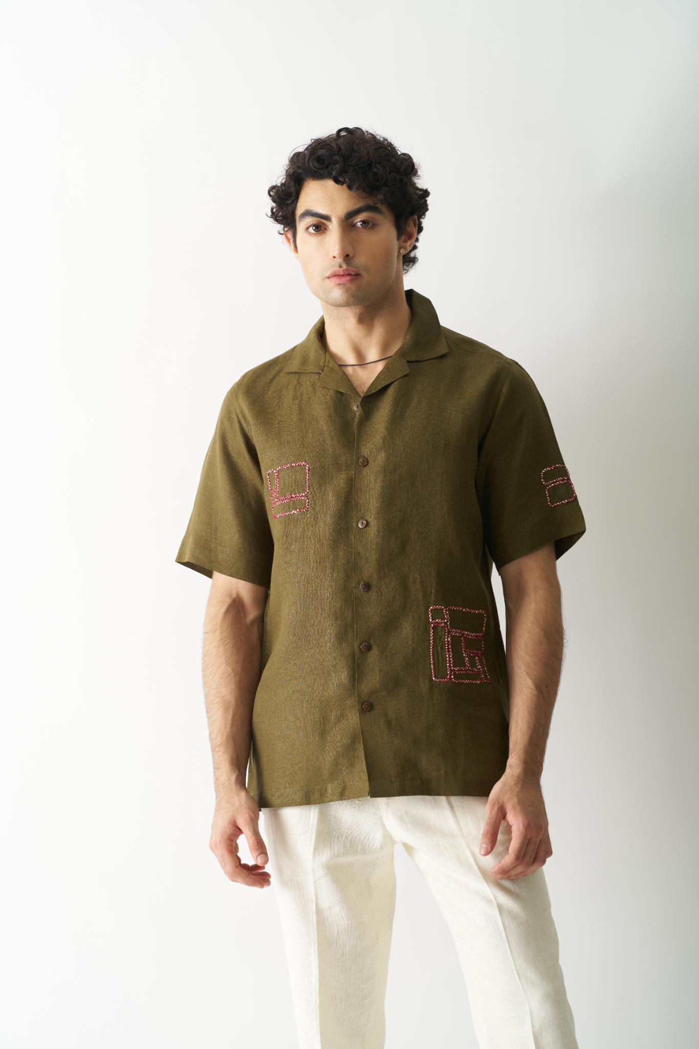 Mossy Mosaic - Mens Hand Embroidered Pure Linen Shirt - CiceroniShirtsCultura Studio