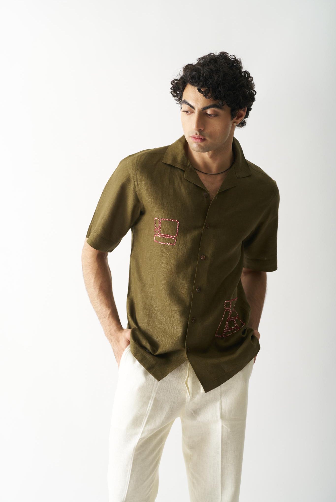 Mossy Mosaic - Mens Hand Embroidered Pure Linen Shirt - CiceroniShirtsCultura Studio