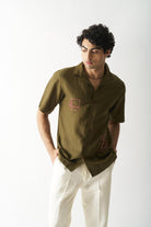 Mossy Mosaic - Mens Hand Embroidered Pure Linen Shirt - CiceroniShirtsCultura Studio