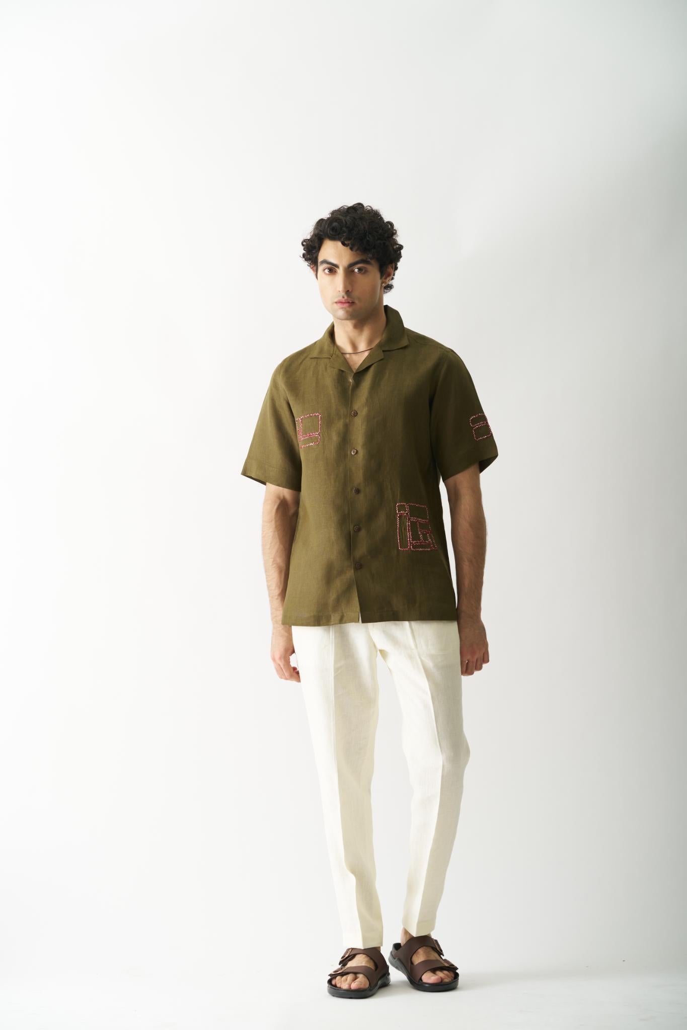 Mossy Mosaic - Mens Hand Embroidered Pure Linen Shirt - CiceroniShirtsCultura Studio