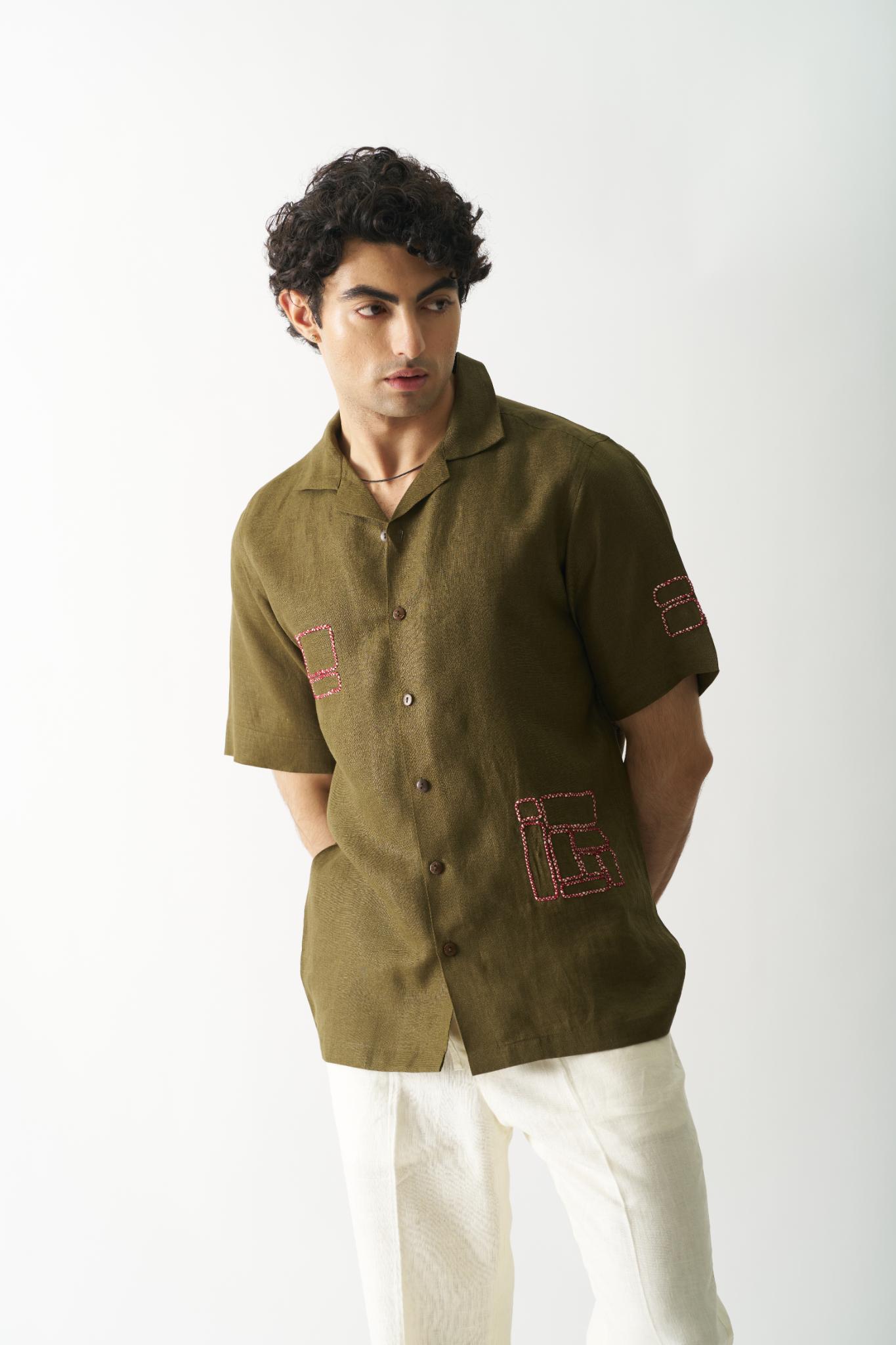 Mossy Mosaic - Mens Hand Embroidered Pure Linen Shirt - CiceroniShirtsCultura Studio