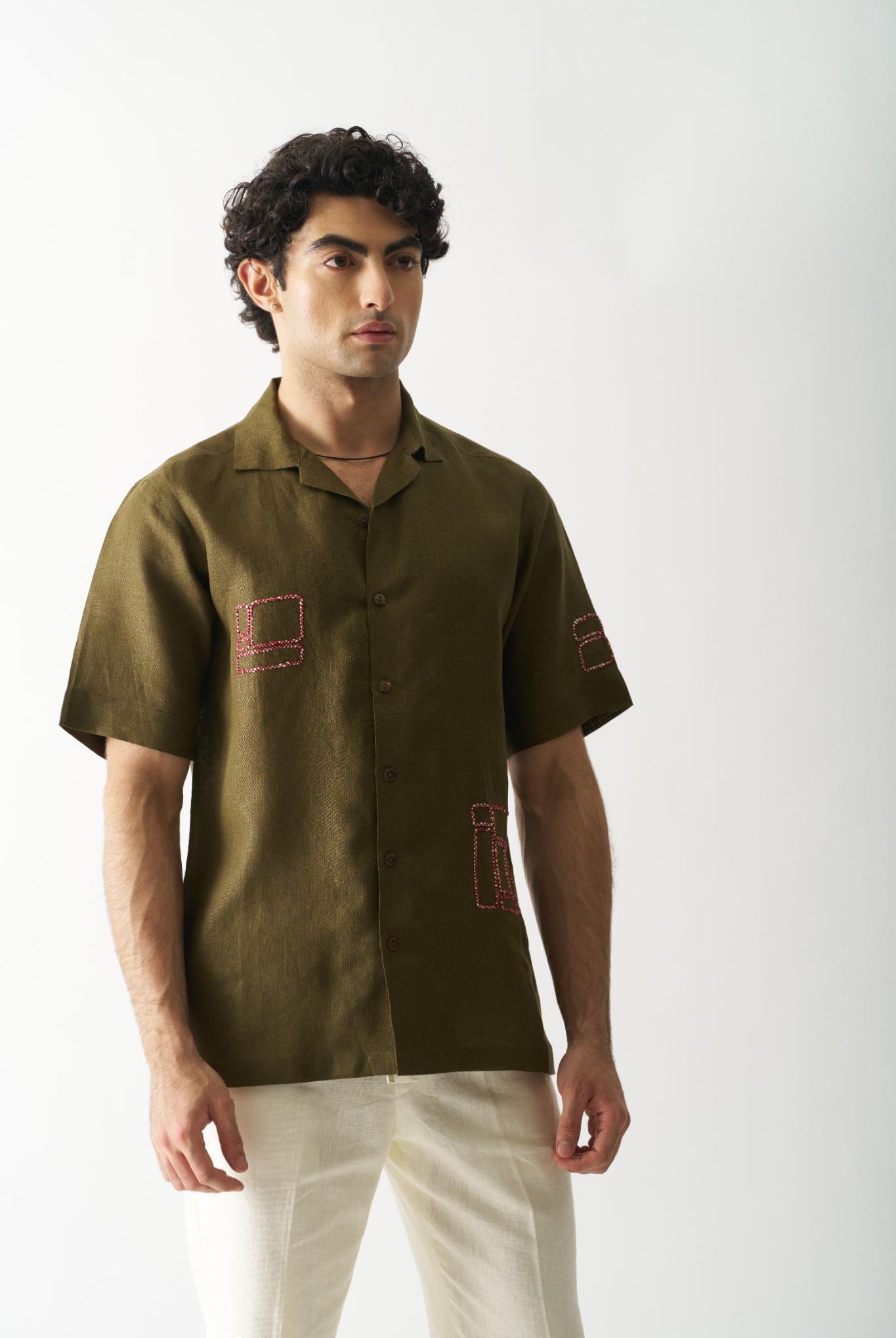 Mossy Mosaic - Mens Hand Embroidered Pure Linen Shirt - CiceroniShirtsCultura Studio