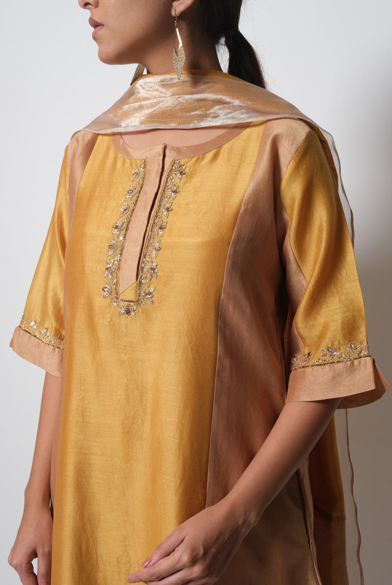 Mustard Chanderi Silk Kurta Set with Dupatta - CiceroniBhavik Shah