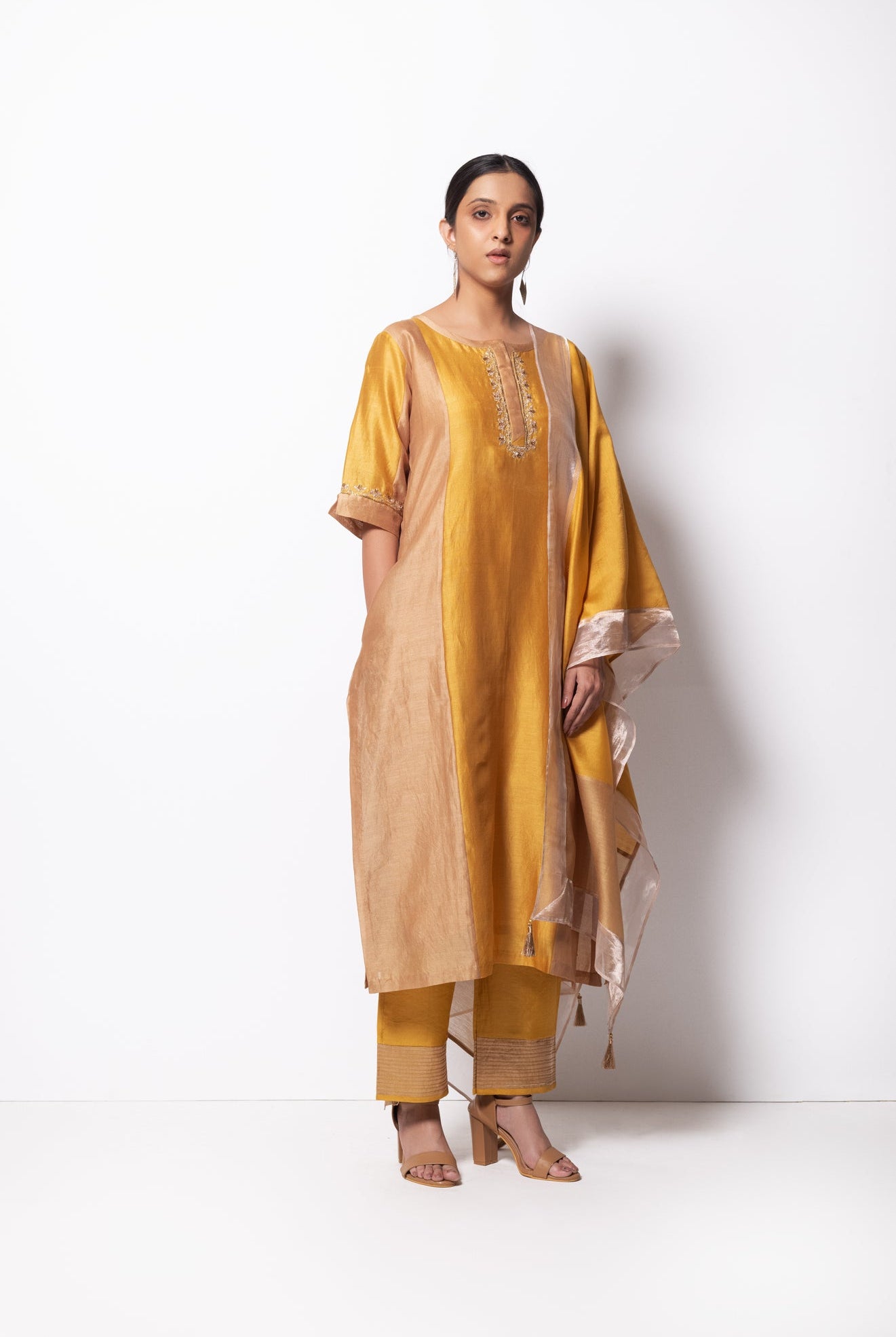 Mustard Chanderi Silk Kurta Set with Dupatta - CiceroniBhavik Shah