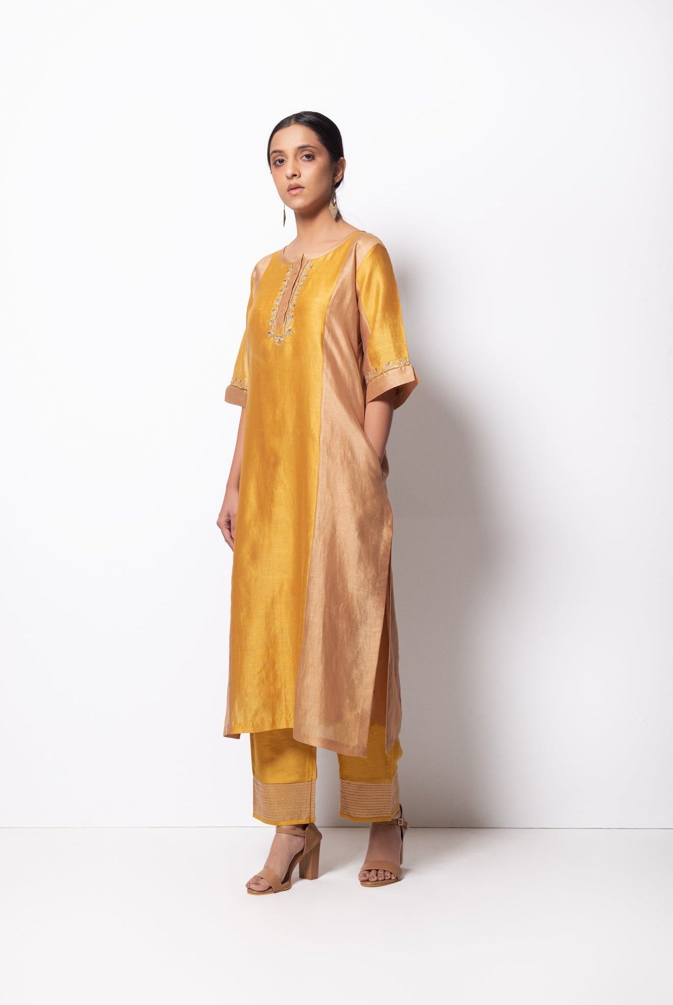 Mustard Chanderi Silk Kurta Set with Dupatta - CiceroniBhavik Shah