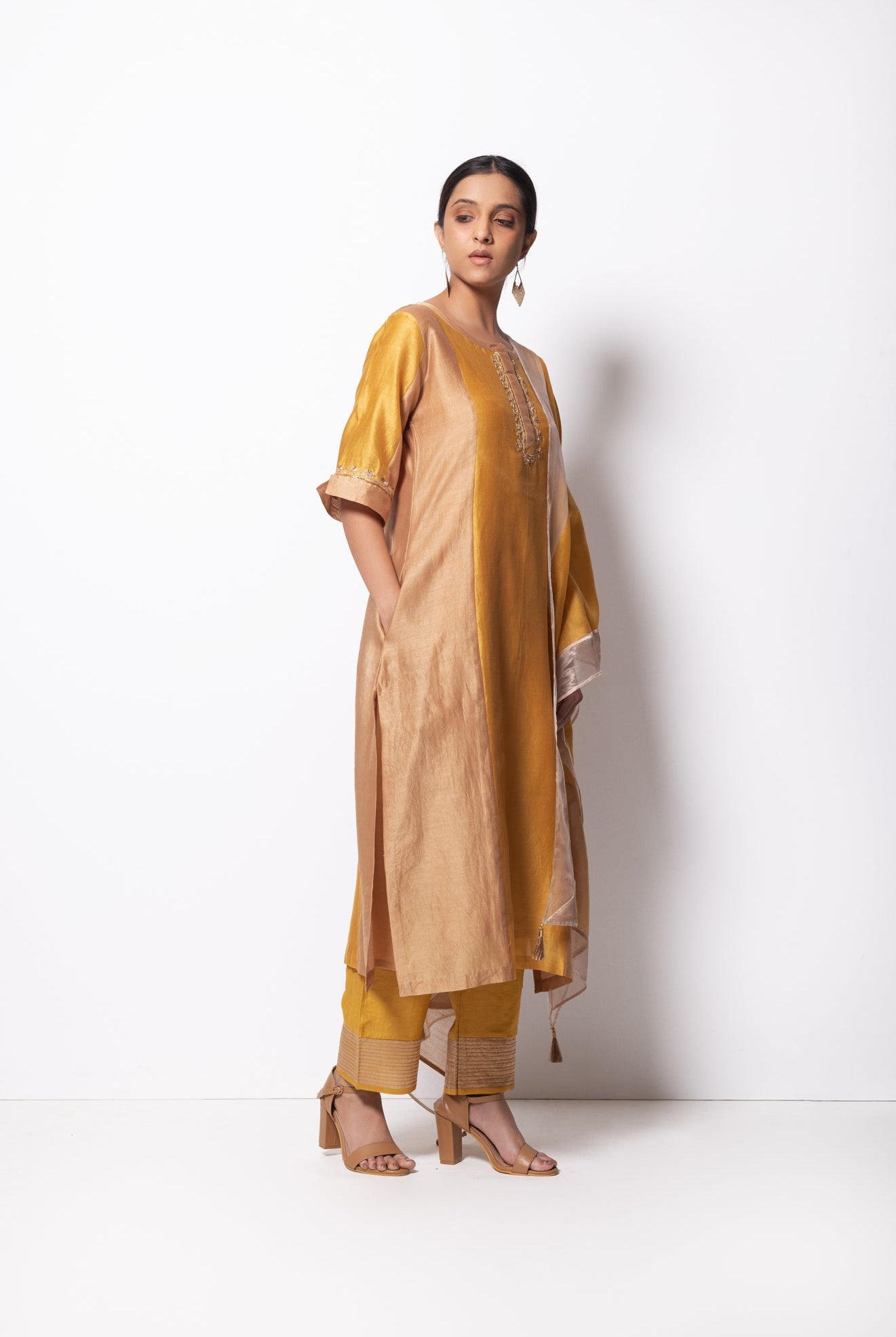 Mustard Chanderi Silk Kurta Set with Dupatta - CiceroniBhavik Shah