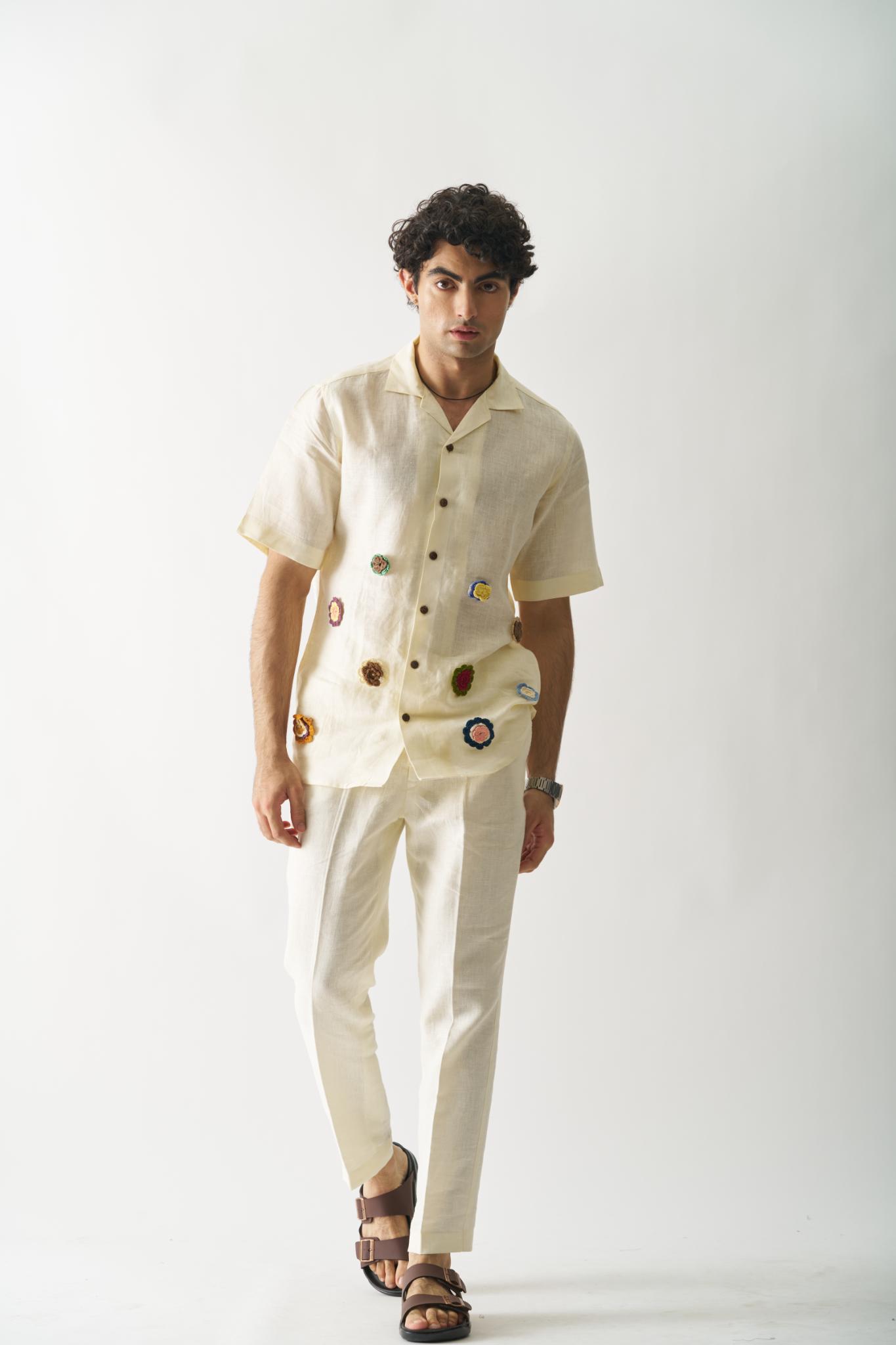Off-white Petals - Mens Hand Embroidered Pure Linen Shirt - CiceroniShirtsCultura Studio