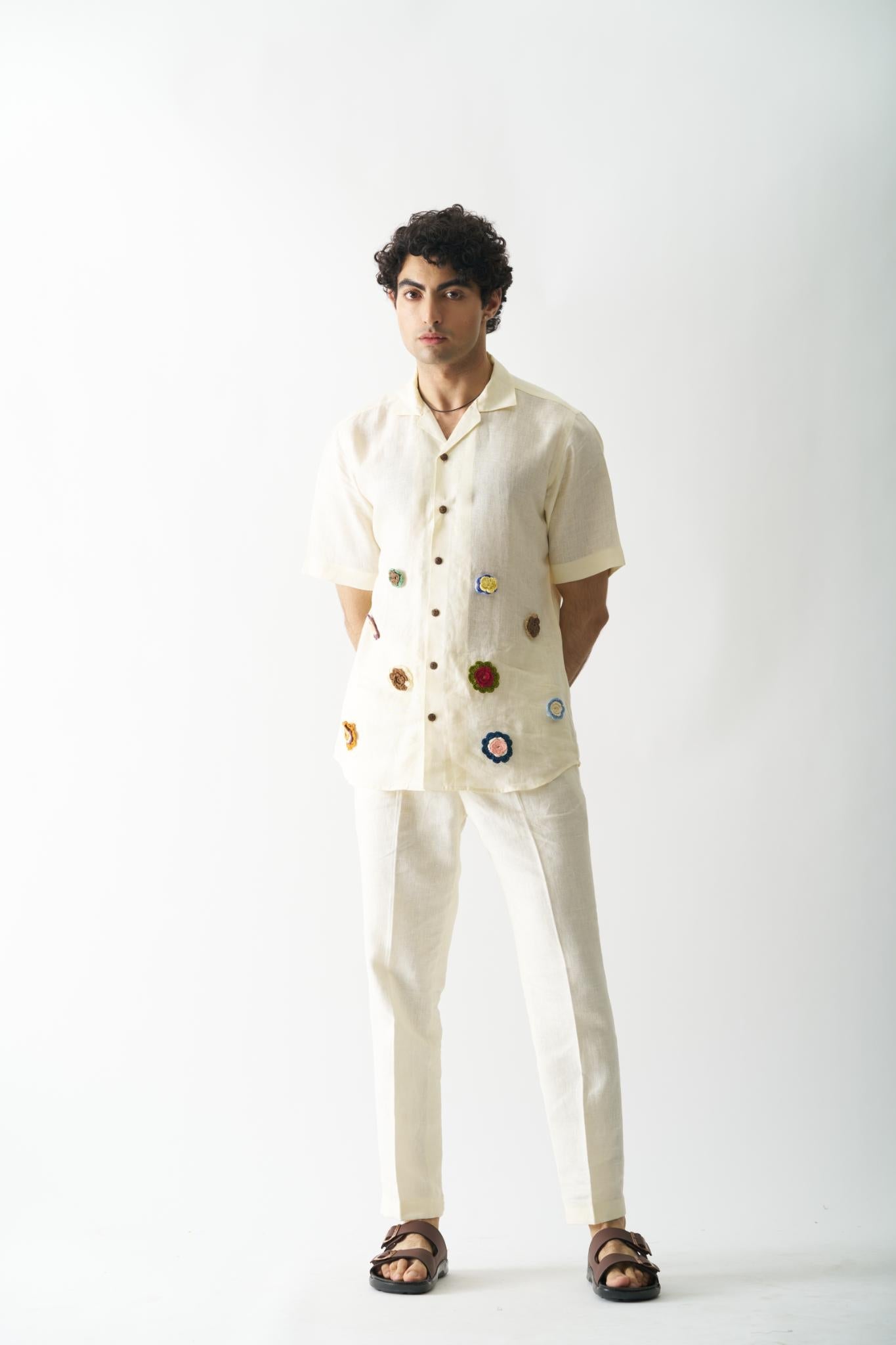 Off-white Petals - Mens Hand Embroidered Pure Linen Shirt - CiceroniShirtsCultura Studio