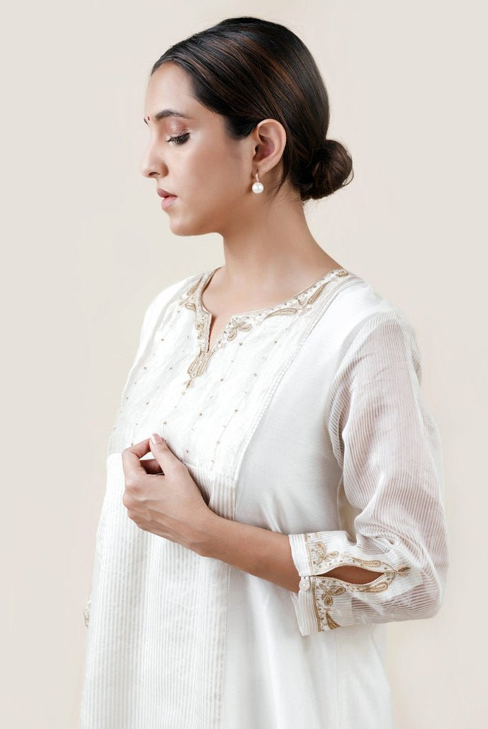 Off White Tissue Stripes/Chanderi Silk - A-line Kurta Set - CiceroniBhavik Shah