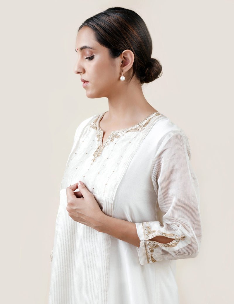 Off White Tissue Stripes/Chanderi Silk - A-line Kurta Set - CiceroniBhavik Shah