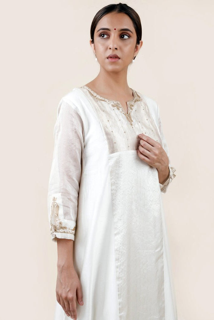 Off White Tissue Stripes/Chanderi Silk - A-line Kurta Set - CiceroniBhavik Shah