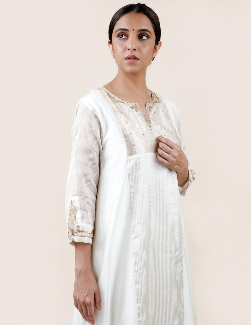 Off White Tissue Stripes/Chanderi Silk - A-line Kurta Set - CiceroniBhavik Shah