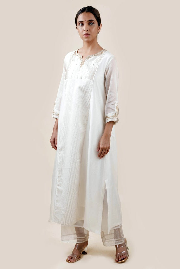Off White Tissue Stripes/Chanderi Silk - A-line Kurta Set - CiceroniBhavik Shah