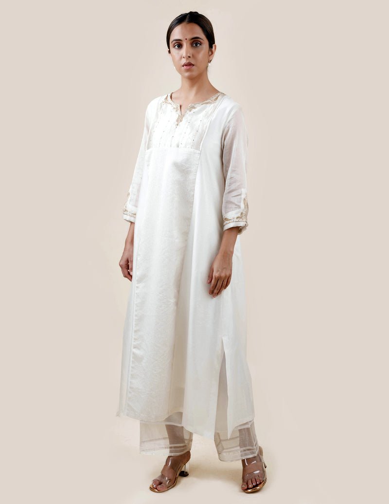 Off White Tissue Stripes/Chanderi Silk - A-line Kurta Set - CiceroniBhavik Shah