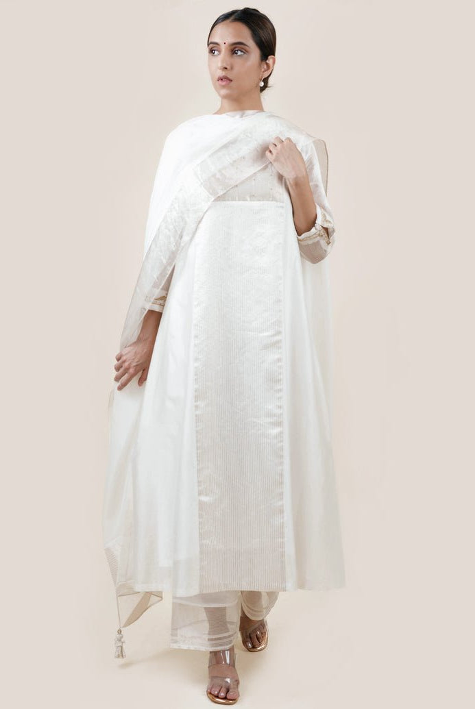Off White Tissue Stripes/Chanderi Silk - A-line Kurta Set - CiceroniBhavik Shah