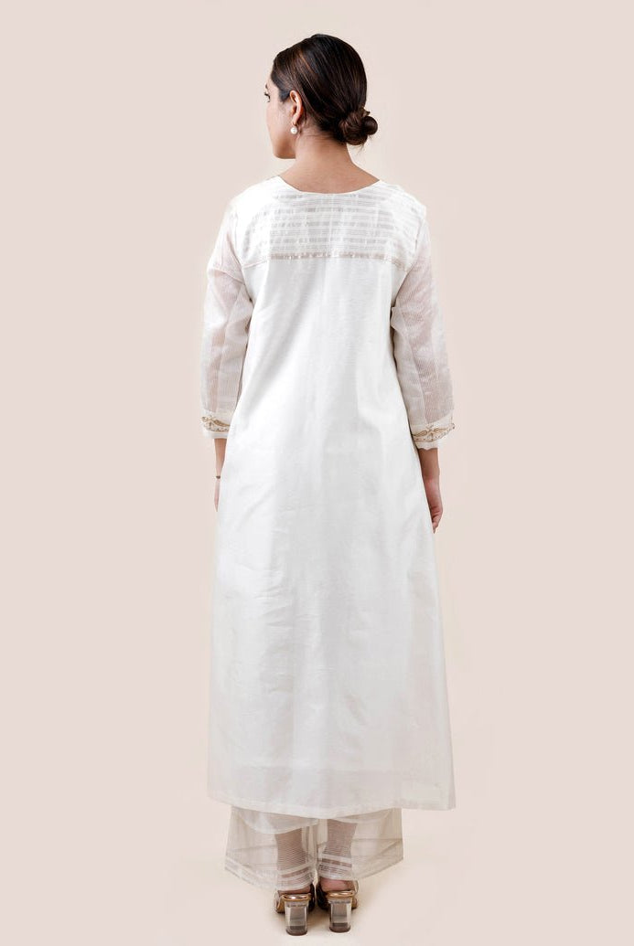 Off White Tissue Stripes/Chanderi Silk - A-line Kurta Set - CiceroniBhavik Shah