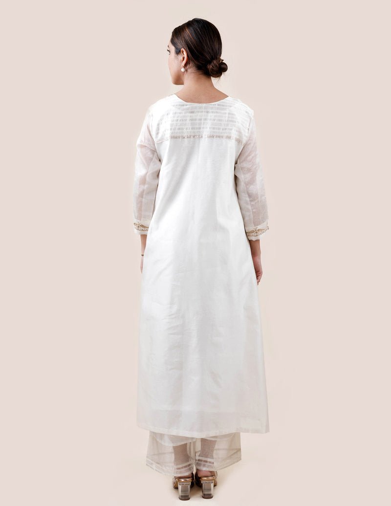 Off White Tissue Stripes/Chanderi Silk - A-line Kurta Set - CiceroniBhavik Shah