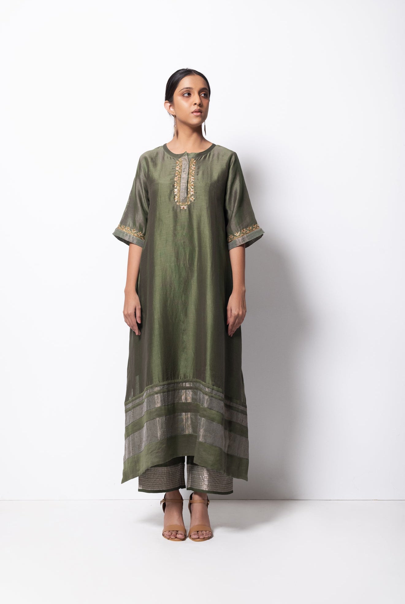 Olive Chanderi Silk Kurta Set with Dupatta - CiceroniBhavik Shah