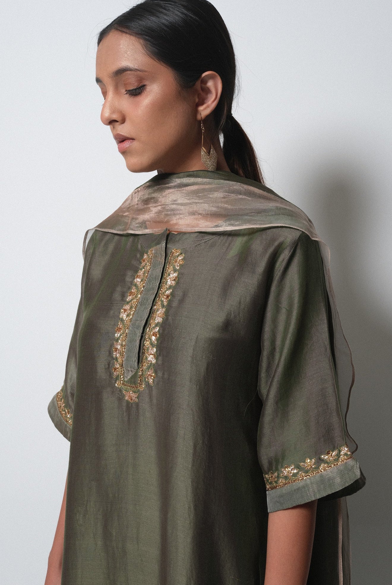Olive Chanderi Silk Kurta Set with Dupatta - CiceroniBhavik Shah