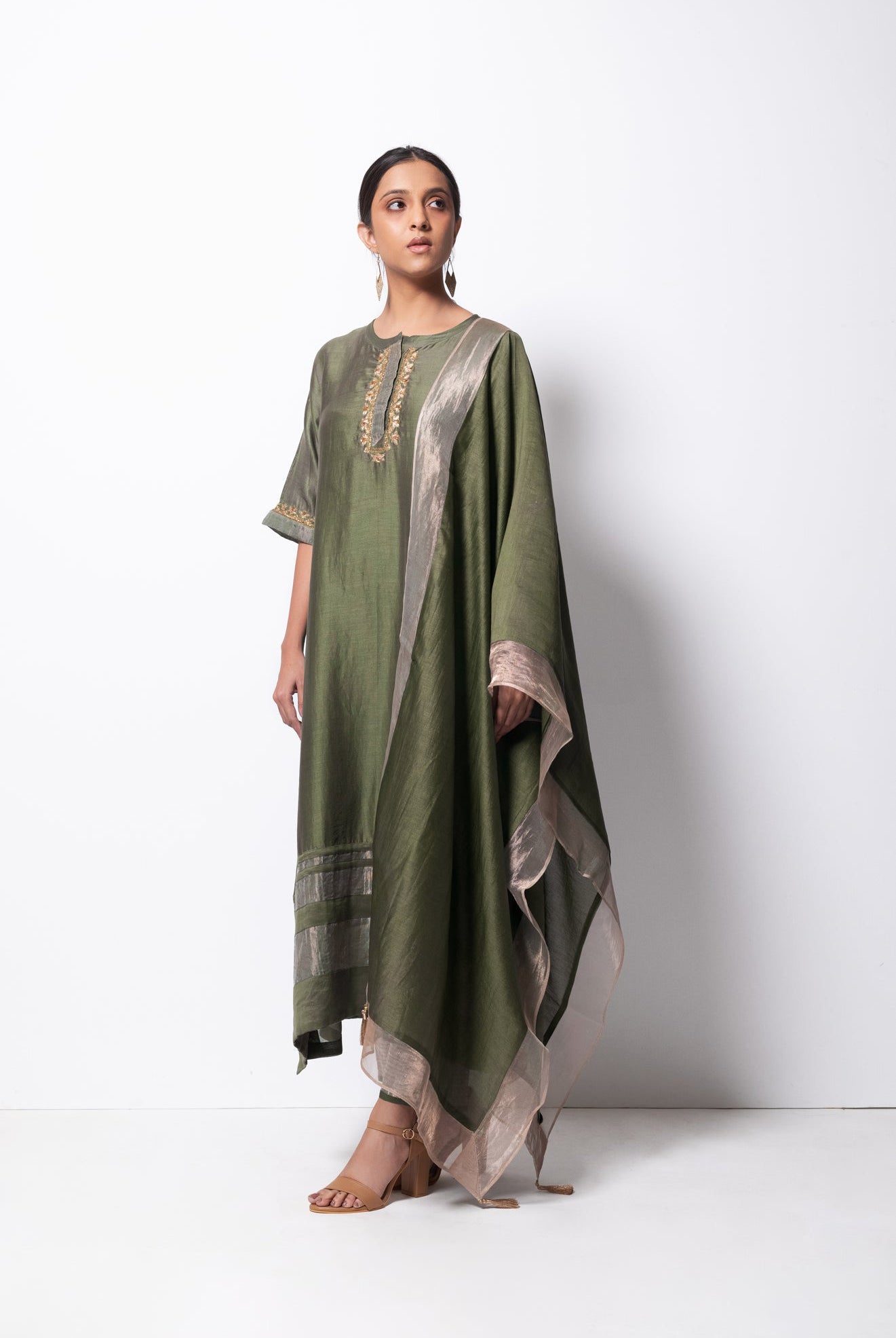 Olive Chanderi Silk Kurta Set with Dupatta - CiceroniBhavik Shah