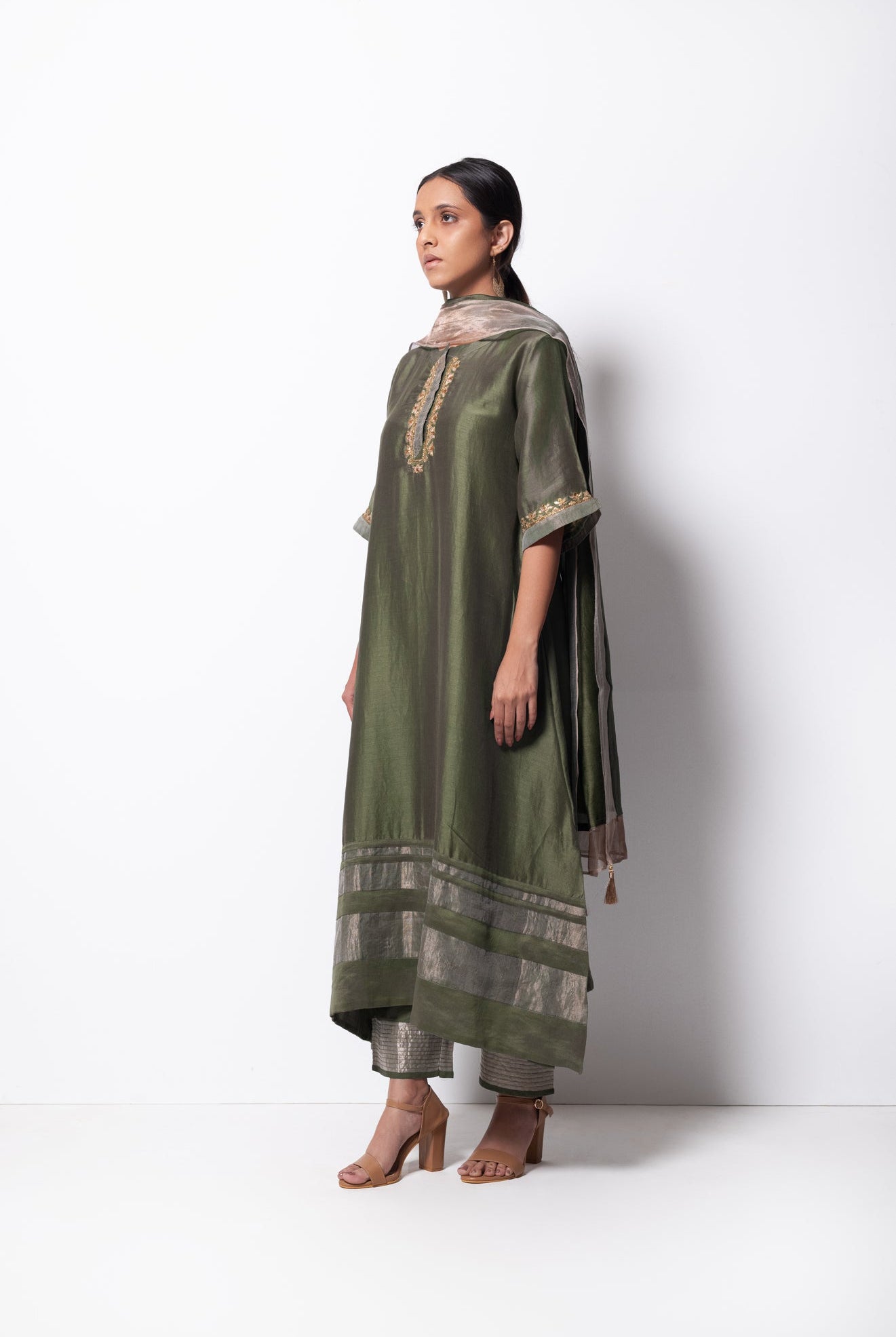 Olive Chanderi Silk Kurta Set with Dupatta - CiceroniBhavik Shah
