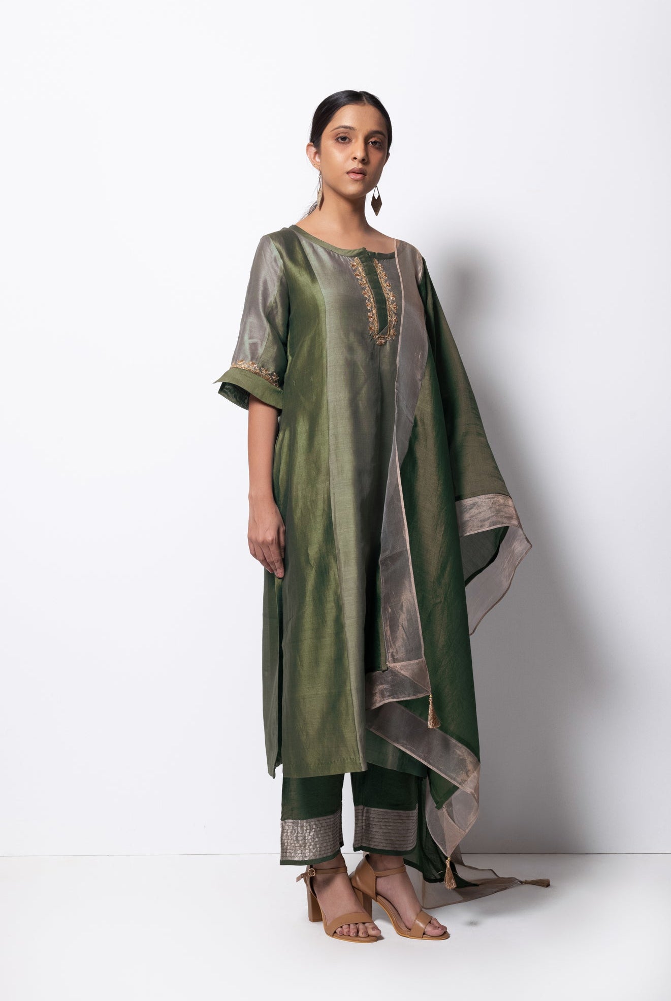 Olive Green Chanderi Silk Panelled Kurta Set with Dupatta - CiceroniBhavik Shah