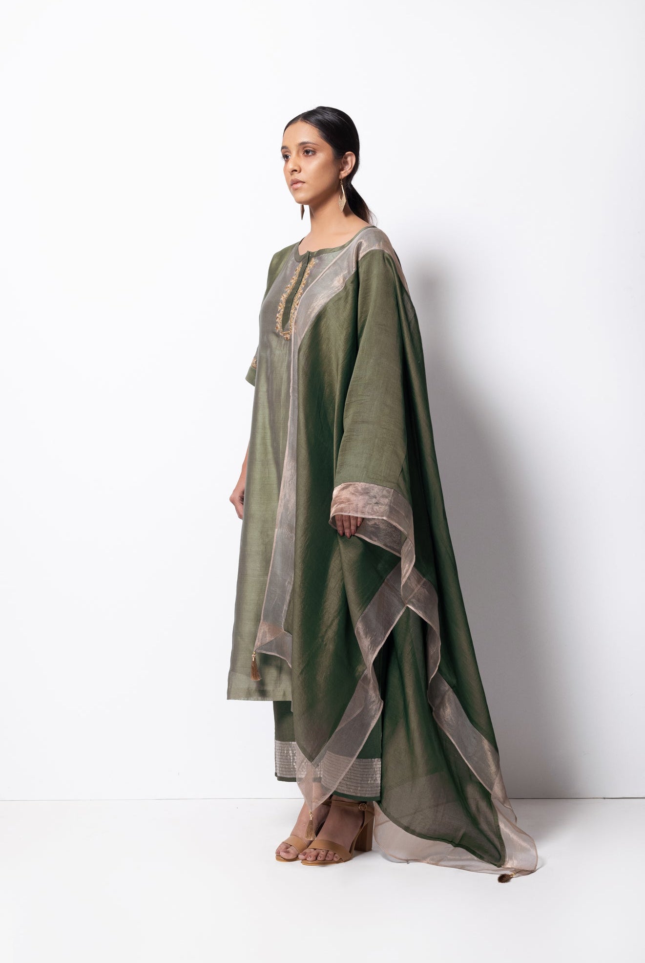 Olive Green Chanderi Silk Panelled Kurta Set with Dupatta - CiceroniBhavik Shah