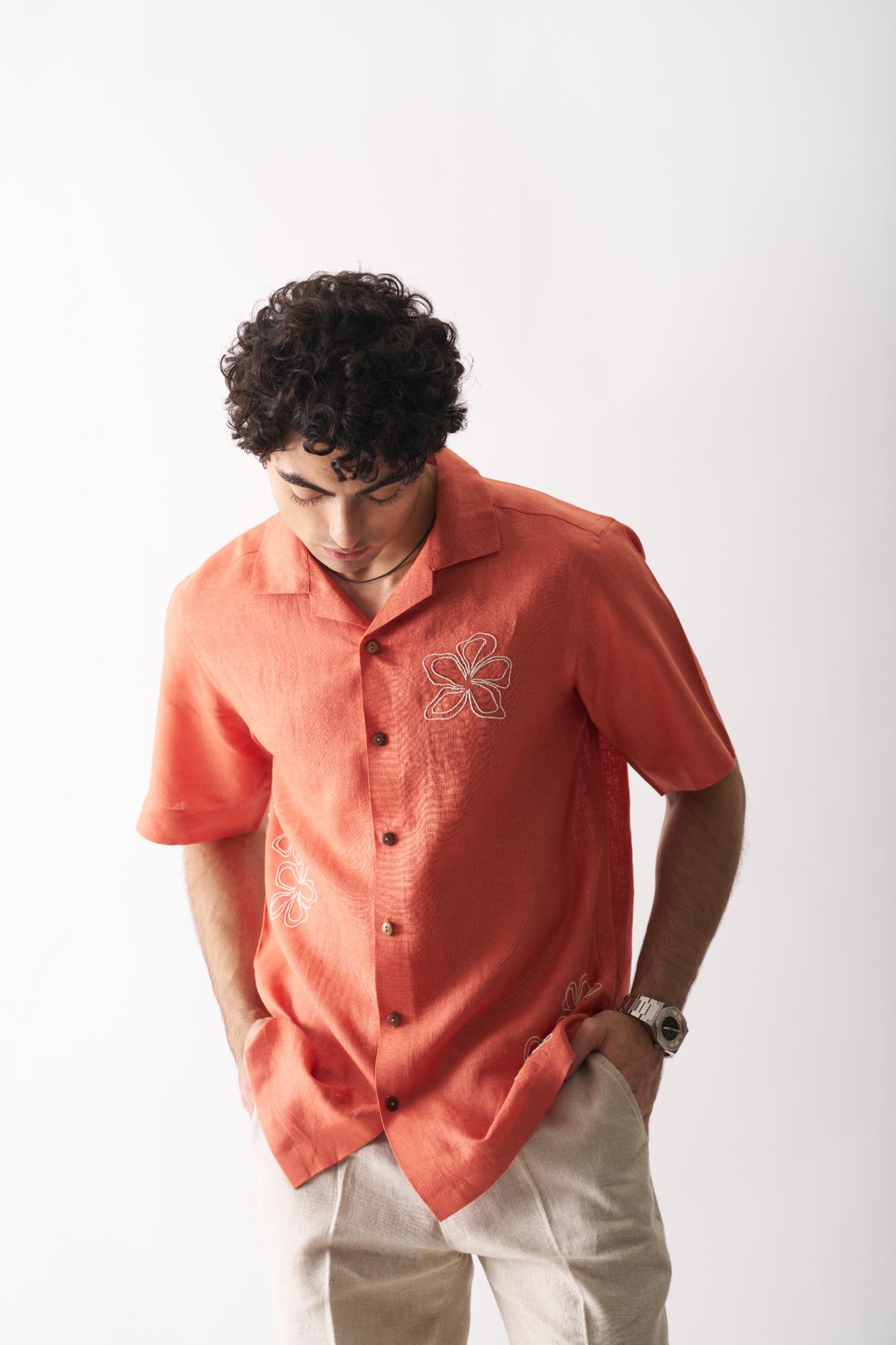 Orange Blossom - Mens Hand Embroidered Pure Linen Shirt - CiceroniShirtsCultura Studio