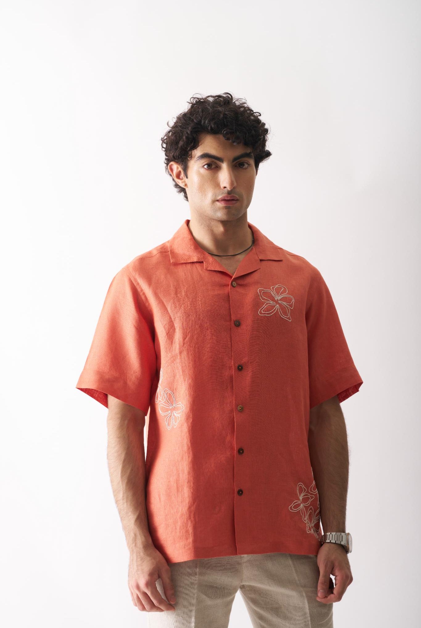 Orange Blossom - Mens Hand Embroidered Pure Linen Shirt - CiceroniShirtsCultura Studio