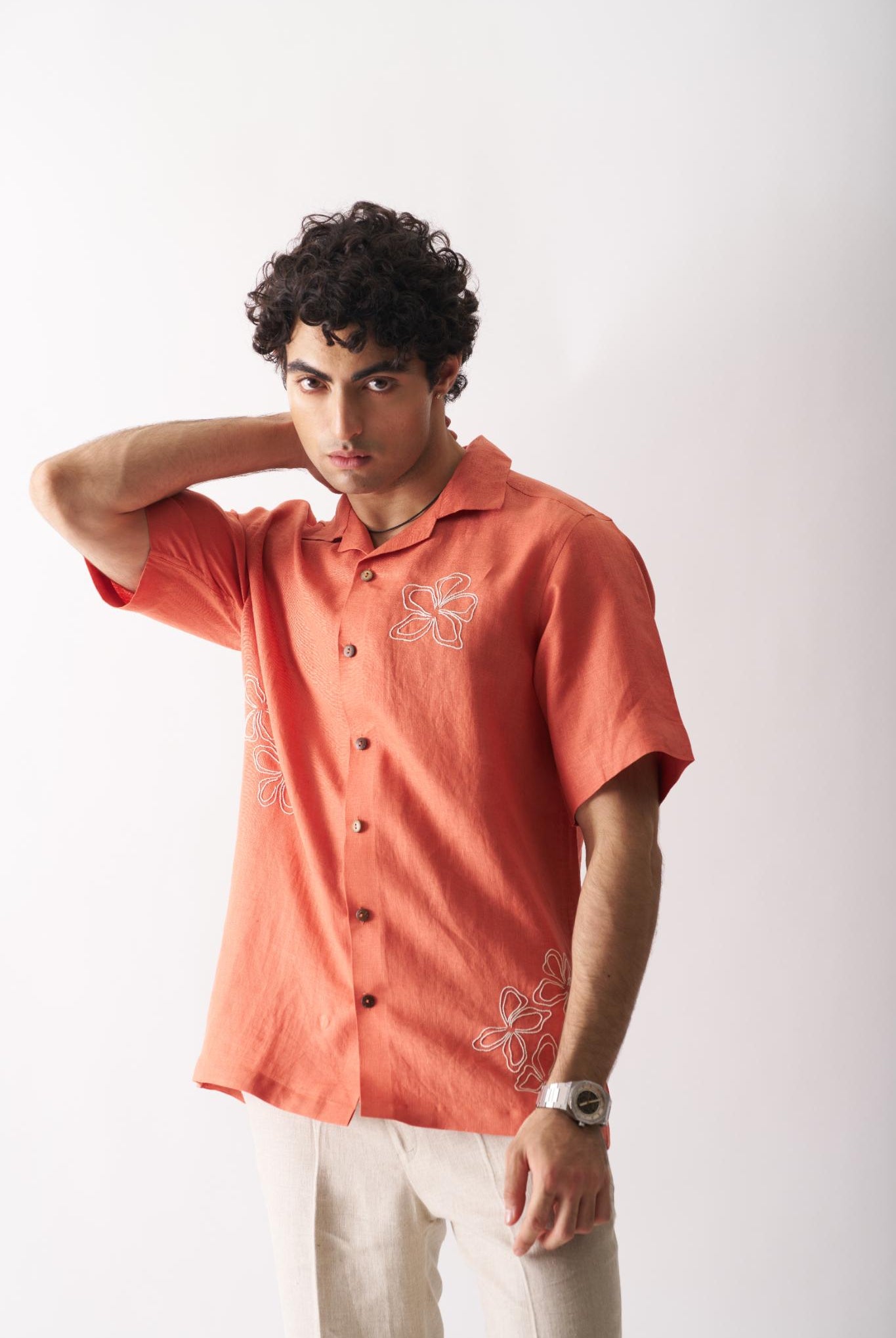 Orange Blossom - Mens Hand Embroidered Pure Linen Shirt - CiceroniShirtsCultura Studio