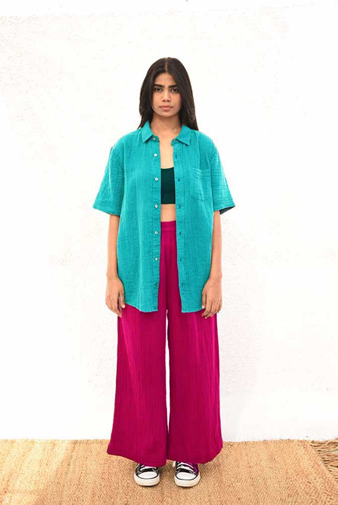 Organic Double Cloth Teal Half Sleeve Shirt - CiceroniShirtsSonica Sarna