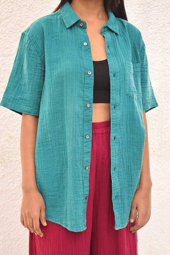Organic Double Cloth Teal Half Sleeve Shirt - CiceroniShirtsSonica Sarna