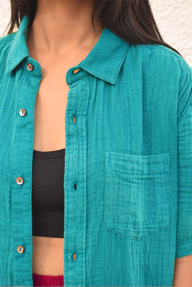 Organic Double Cloth Teal Half Sleeve Shirt - CiceroniShirtsSonica Sarna