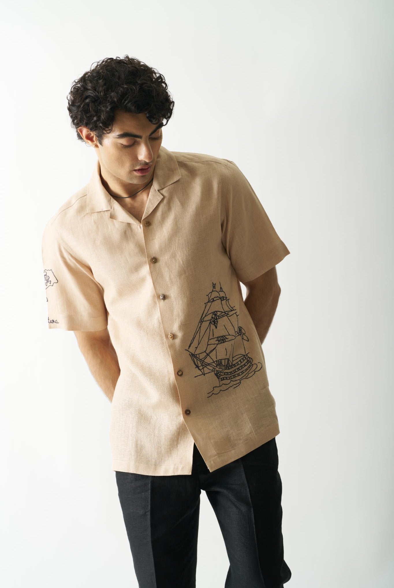 Pirate's Plunder - Mens Hand Embroidered Pure Linen Shirt - CiceroniShirtsCultura Studio