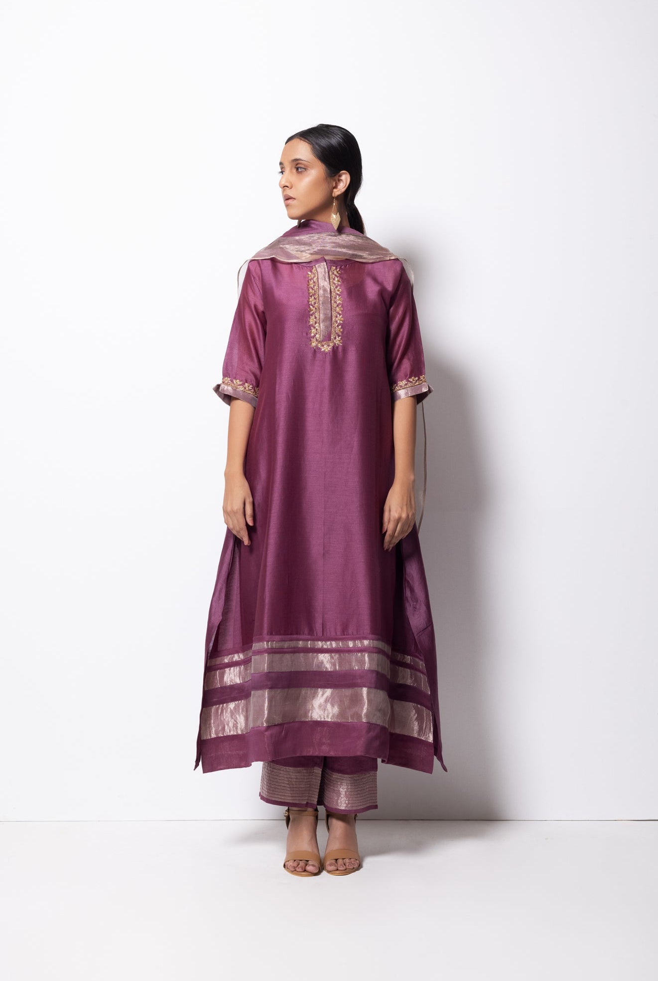 Plum Pink Chanderi Silk Kurta Set with Dupatta - CiceroniBhavik Shah